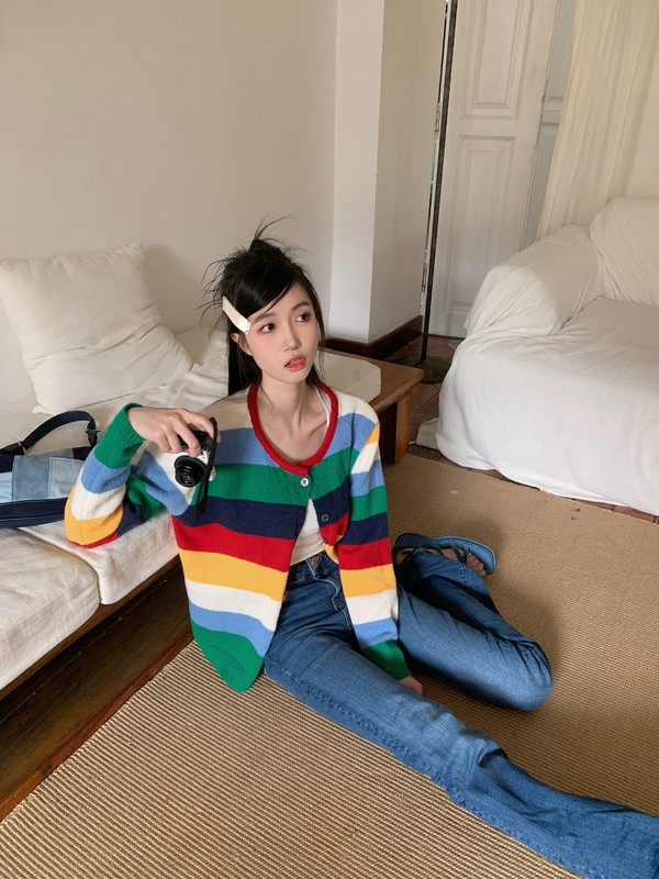 Ezgaga pleteni kardigan, ženski duginih pruga s O izrezom, gornja odjeća s jednim kopčanjem, modni pulover jesen 2023., ženske majice, ležerne