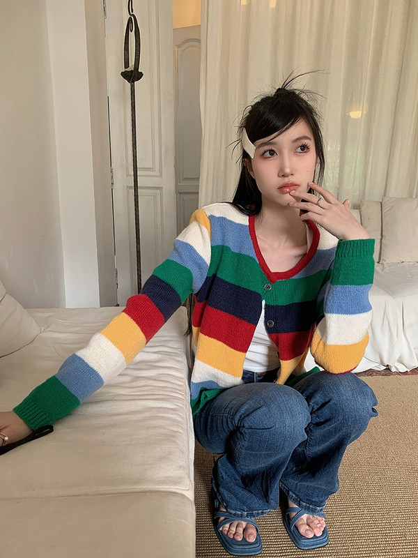 Ezgaga pleteni kardigan, ženski duginih pruga s O izrezom, gornja odjeća s jednim kopčanjem, modni pulover jesen 2023., ženske majice, ležerne