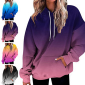 Ženska majica s kapuljačom u gradijentnoj boji, ženska majica s kapuljačom za jesen i zimu, meka topla, elegantna majica srednje dužine s elastičnim zakrpom na manžetama