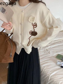 Ezgaga Elegantni ženski kardigan s cvijećem i vezom, trodimenzionalni labavi O izrez Gornja odjeća Vintage pleteni pulover Ženski chic