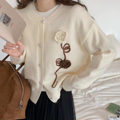 Ezgaga Elegantni ženski kardigan s cvijećem i vezom, trodimenzionalni labavi O izrez Gornja odjeća Vintage pleteni pulover Ženski chic