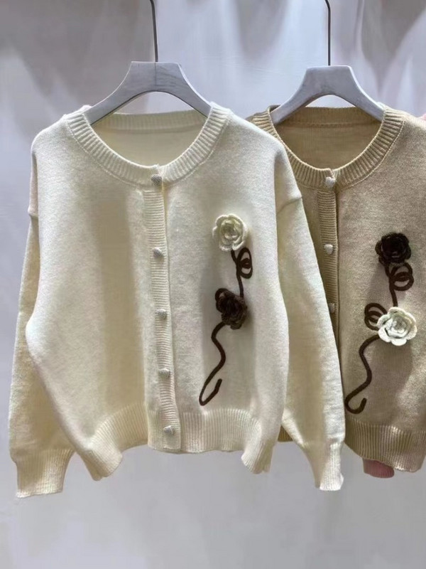 Ezgaga Elegantni ženski kardigan s cvijećem i vezom, trodimenzionalni labavi O izrez Gornja odjeća Vintage pleteni pulover Ženski chic