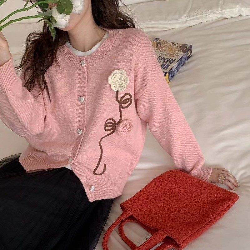 Ezgaga Elegantni ženski kardigan s cvijećem i vezom, trodimenzionalni labavi O izrez Gornja odjeća Vintage pleteni pulover Ženski chic