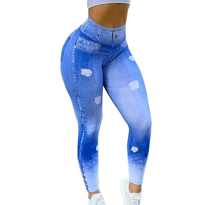 Jooksuretuusid Dropship Mood Kõrge vöökohaga Faux Denim Jean säärised Õhukesed elastsed Õmblusteta Kitsad Pliiatspüksid Naiste treening