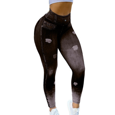 Jooksuretuusid Dropship Mood Kõrge vöökohaga Faux Denim Jean säärised Õhukesed elastsed Õmblusteta Kitsad Pliiatspüksid Naiste treening