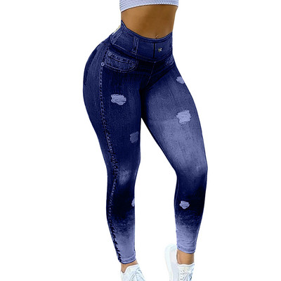 Jooksuretuusid Dropship Mood Kõrge vöökohaga Faux Denim Jean säärised Õhukesed elastsed Õmblusteta Kitsad Pliiatspüksid Naiste treening