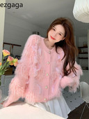 Ezgaga Γυναικεία πλεκτή ζακέτα με φούντα συνονθύλευμα μακρυμάνικο φθινόπωρο 2023 Γλυκό πουλόβερ πάνω από γυναικεία μπλουζάκια μόδας Κομψά