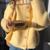 Ezgaga Πλεκτή Ζακέτα Γυναικεία O Neck Μονόστηθος Μασίφ Χύμα Φθινόπωρο Χειμώνας 2023 Νέο κομψό vintage πουλόβερ