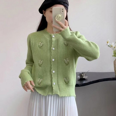 Ezgaga Γυναικείο πουλόβερ Γαλλικό Κέντημα Λουλούδια με κούφια O λαιμός Μονόστηθος Χαλαρή Πλεκτή Ζακέτα Γυναικεία μόδα