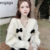 Ezgaga Sweet Cardigan Γυναικεία φιόγκο V λαιμόκοψη μακρυμάνικο φαρδύ Φθινόπωρο Νέα μόδα Κομψό πλεκτό πουλόβερ Γυναικεία μπλουζάκια Casual