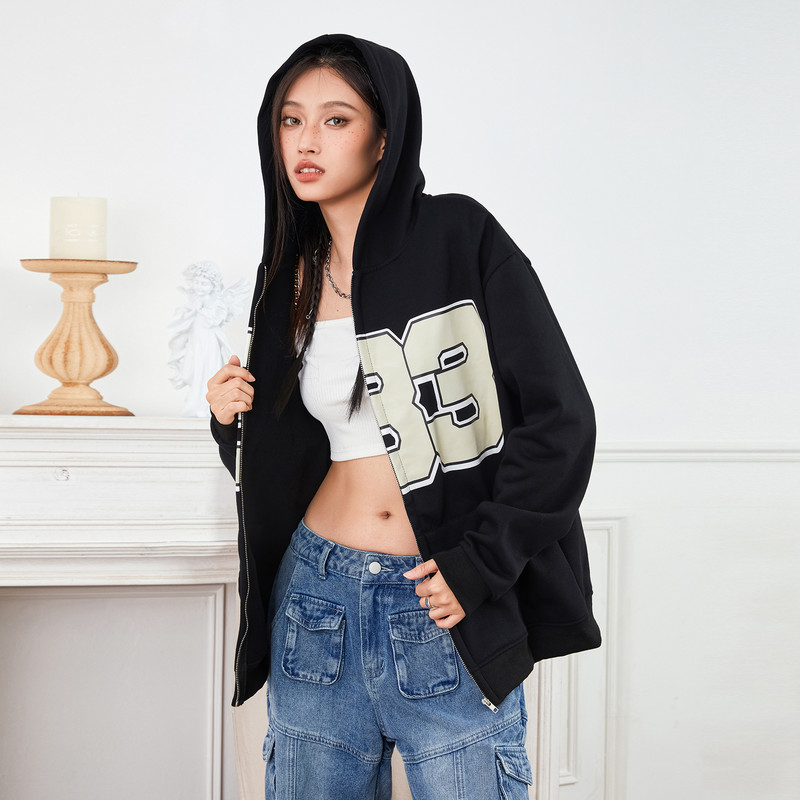 Γυναικείες Y2K Μακρυμάνικο μοτίβο Φούτερ με φερμουάρ και κουκούλες Casual Loose Drop Shoulder Harajuku Φούτερ με κουκούλα και τσέπες