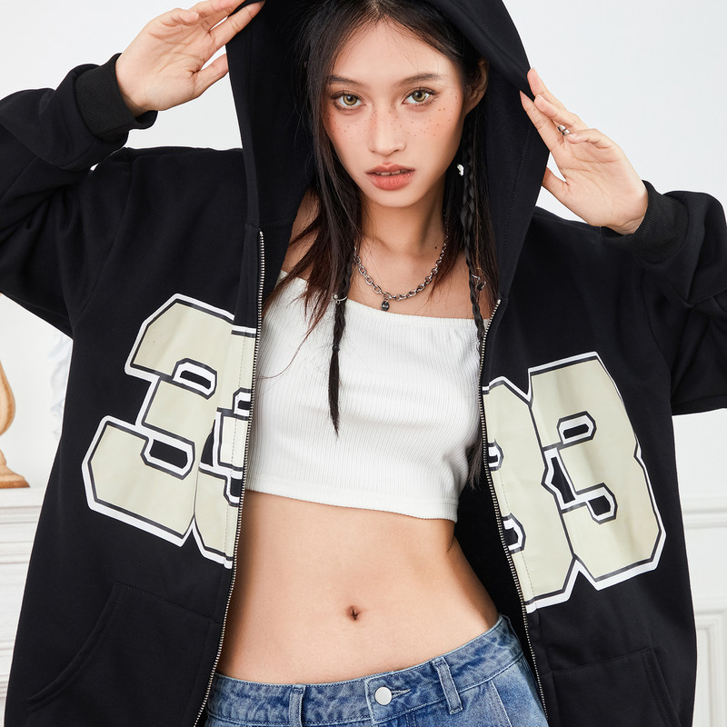 Γυναικείες Y2K Μακρυμάνικο μοτίβο Φούτερ με φερμουάρ και κουκούλες Casual Loose Drop Shoulder Harajuku Φούτερ με κουκούλα και τσέπες