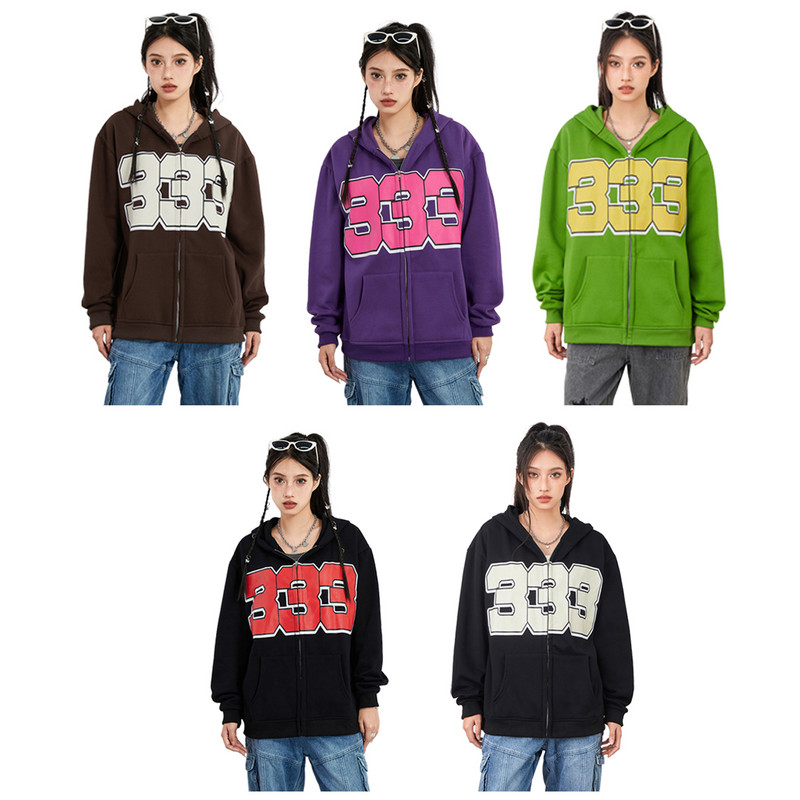 Γυναικείες Y2K Μακρυμάνικο μοτίβο Φούτερ με φερμουάρ και κουκούλες Casual Loose Drop Shoulder Harajuku Φούτερ με κουκούλα και τσέπες