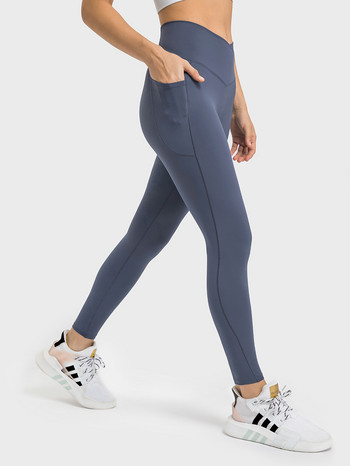 Nepoagym 25“ без предни шевове Дамски йога клинове със странични джобове с кръстосана талия Тренировъчни клинове Фитнес спортни панталони за бягане