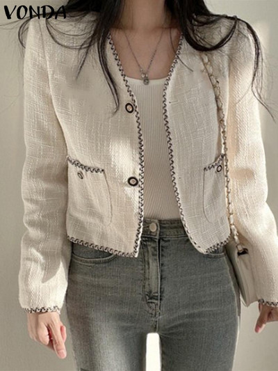 VONDA Γυναικεία μόδα Casual μακρυμάνικο σακάκι 2023 Fashion Short Blazer Κομψό παλτό Lady V λαιμόκοψη Πανωφόρι υπερμεγέθη