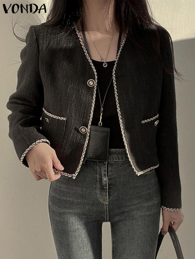 VONDA Γυναικεία μόδα Casual μακρυμάνικο σακάκι 2023 Fashion Short Blazer Κομψό παλτό Lady V λαιμόκοψη Πανωφόρι υπερμεγέθη