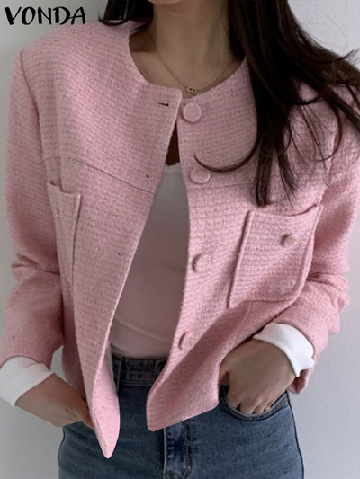 2023 VONDA Κομψό Γυναικείο Μπλέιζερ Γραφείου Άνοιξη Καλοκαίρι με Κουμπιά Παλτό για πάρτι Casual χαλαρές μονόχρωμες τσέπες Εξωτερικά γυναικεία ρούχα