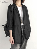 ZANZEA 2023 Φθινόπωρο Γυναικείο Μακρυμάνικο Γιορτινό Μπουφάν Casual Loose Βαμβακερά λινά παλτό Ρετρό εξωτερικά ενδύματα με μασίφ τσέπη