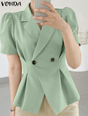 Κομψά γυναικεία καλοκαιρινά παλτό blazer 2023 VONDA Fashion κοντό φουσκωτό μανίκι πτυχωτό casual χαλαρό μονόχρωμο πανωφόρι μπλέιζερ γυναικεία