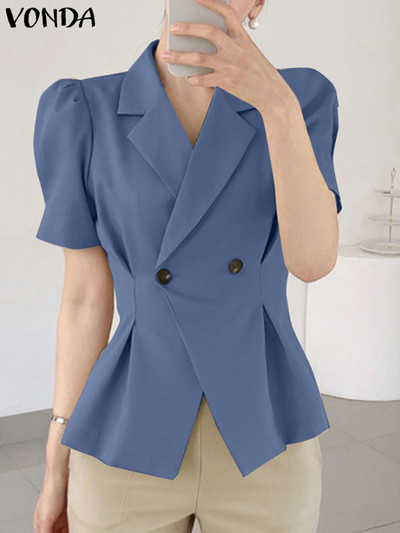 Κομψά γυναικεία καλοκαιρινά παλτό blazer 2023 VONDA Fashion κοντό φουσκωτό μανίκι πτυχωτό casual χαλαρό μονόχρωμο πανωφόρι μπλέιζερ γυναικεία