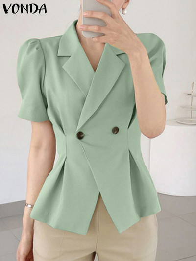 Κομψά γυναικεία καλοκαιρινά παλτό blazer 2023 VONDA Fashion κοντό φουσκωτό μανίκι πτυχωτό casual χαλαρό μονόχρωμο πανωφόρι μπλέιζερ γυναικεία