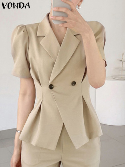 Κομψά γυναικεία καλοκαιρινά παλτό blazer 2023 VONDA Fashion κοντό φουσκωτό μανίκι πτυχωτό casual χαλαρό μονόχρωμο πανωφόρι μπλέιζερ γυναικεία