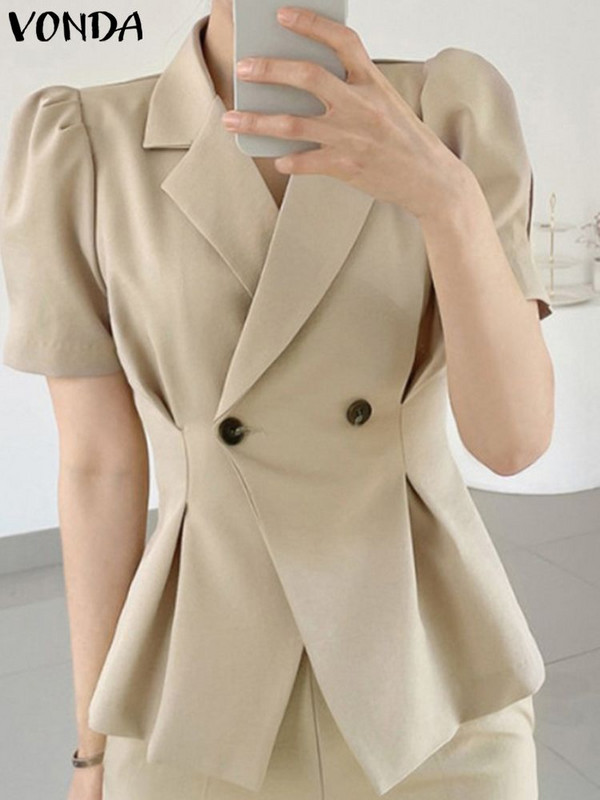 Κομψά γυναικεία καλοκαιρινά παλτό blazer 2023 VONDA Fashion κοντό φουσκωτό μανίκι πτυχωτό casual χαλαρό μονόχρωμο πανωφόρι μπλέιζερ γυναικεία