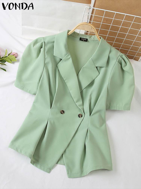 Κομψά γυναικεία καλοκαιρινά παλτό blazer 2023 VONDA Fashion κοντό φουσκωτό μανίκι πτυχωτό casual χαλαρό μονόχρωμο πανωφόρι μπλέιζερ γυναικεία