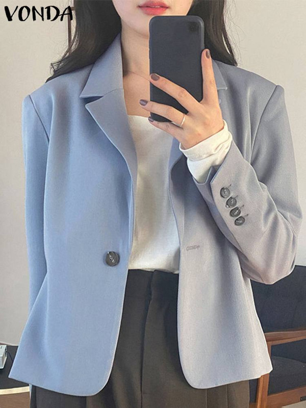 Κομψό γυναικείο κομψό σακάκι 2023 VONDA Σέξι κοντομάνικο μονόχρωμο λεπτό παλτό Casual με χαλαρά κουμπιά Ζακέτες Streetwear