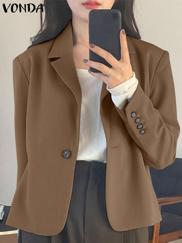 Κομψό γυναικείο κομψό σακάκι 2023 VONDA Σέξι κοντομάνικο μονόχρωμο λεπτό παλτό Casual με χαλαρά κουμπιά Ζακέτες Streetwear