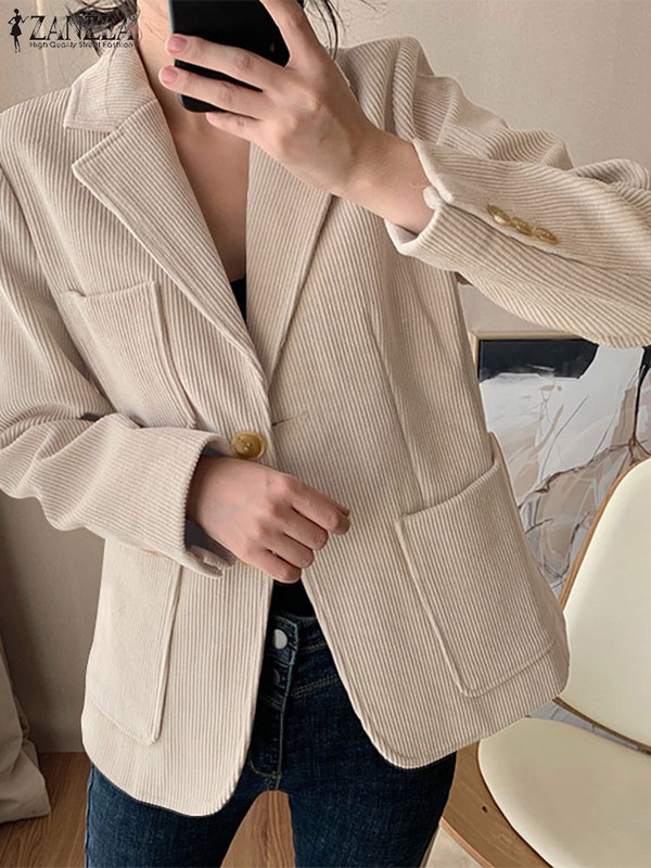 ZANZEA Φθινοπωρινό κοτλέ Casual Blazer Γυναικείο Κομψό OL κοστούμι για εργασιακό σακάκι Μόδα μακρυμάνικο παλτό με γιακά