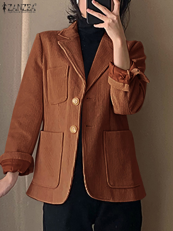ZANZEA Φθινοπωρινό κοτλέ Casual Blazer Γυναικείο Κομψό OL κοστούμι για εργασιακό σακάκι Μόδα μακρυμάνικο παλτό με γιακά
