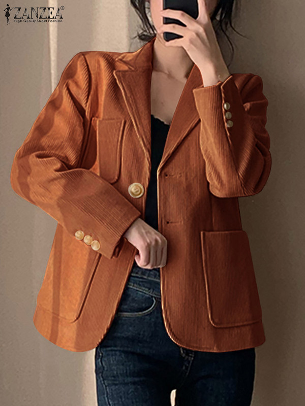 ZANZEA Φθινοπωρινό κοτλέ Casual Blazer Γυναικείο Κομψό OL κοστούμι για εργασιακό σακάκι Μόδα μακρυμάνικο παλτό με γιακά