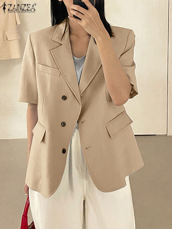 ZANZEA Κοντομάνικο μονόχρωμο κοστούμι Μπουφάν Casual Office Lady Elegant Button Leisure Blazer Fashion Γυναικεία κοστούμια με γιακά