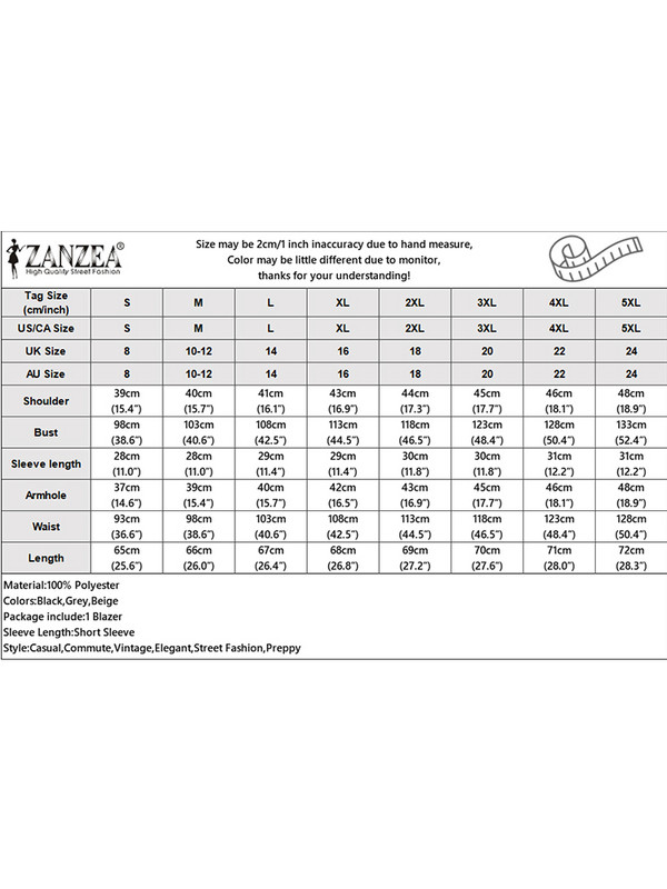 ZANZEA Κοντομάνικο μονόχρωμο κοστούμι Μπουφάν Casual Office Lady Elegant Button Leisure Blazer Fashion Γυναικεία κοστούμια με γιακά