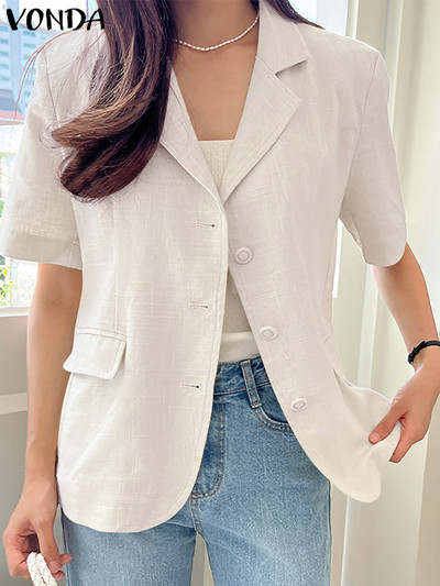 Η μόδα ξεπερνά τα γυναικεία σακάκια 2023 VONDA Femininas Casual Παλτό Vintage με κοντό μανίκι με λαιμόκοψη με κουμπιά μεγάλο φαρδύ