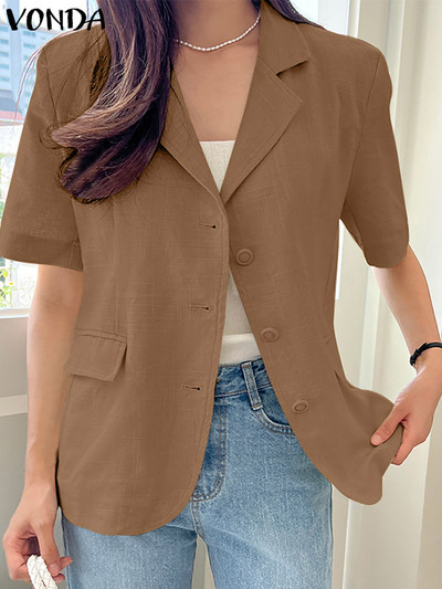Η μόδα ξεπερνά τα γυναικεία σακάκια 2023 VONDA Femininas Casual Παλτό Vintage με κοντό μανίκι με λαιμόκοψη με κουμπιά μεγάλο φαρδύ