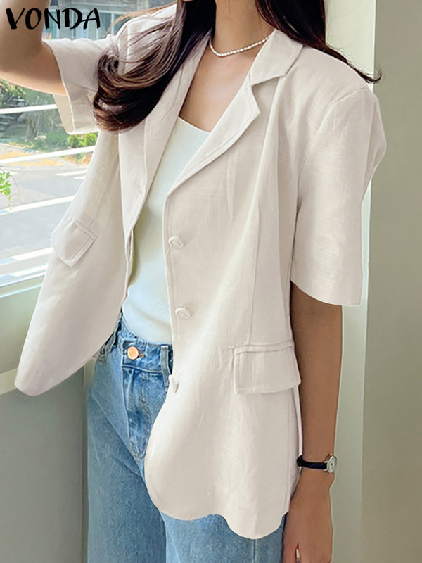 Η μόδα ξεπερνά τα γυναικεία σακάκια 2023 VONDA Femininas Casual Παλτό Vintage με κοντό μανίκι με λαιμόκοψη με κουμπιά μεγάλο φαρδύ