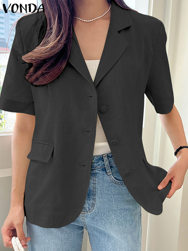 Η μόδα ξεπερνά τα γυναικεία σακάκια 2023 VONDA Femininas Casual Παλτό Vintage με κοντό μανίκι με λαιμόκοψη με κουμπιά μεγάλο φαρδύ