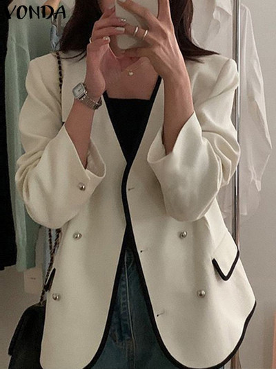 VONDA Κομψό Γυναικείο Μπλέιζερ 2023 Ανοιξιάτικο Γραφείο Μακρυμάνικο Διπλό Μόδα Παλτό με λαιμόκοψη με λαιμόκοψη casual μονόχρωμο μπλέιζερ γυναικείο