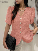 ZANZEA Summer Office Lady Blazer Solid casual κοστούμι μπουφάν Κομψό με μέση παλτό Loose V λαιμόκοψη Γυναικεία πανωφόρια κοντομάνικα φουσκωτά