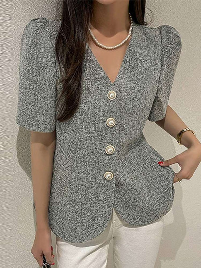 ZANZEA Summer Office Lady Blazer Solid casual κοστούμι μπουφάν Κομψό με μέση παλτό Loose V λαιμόκοψη Γυναικεία πανωφόρια κοντομάνικα φουσκωτά