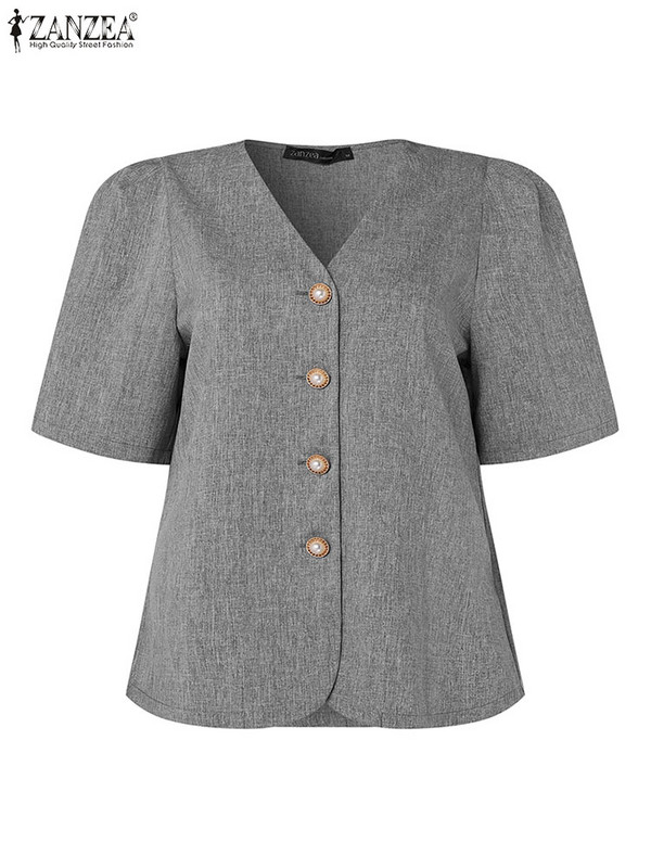 ZANZEA Summer Office Lady Blazer Solid casual κοστούμι μπουφάν Κομψό με μέση παλτό Loose V λαιμόκοψη Γυναικεία πανωφόρια κοντομάνικα φουσκωτά