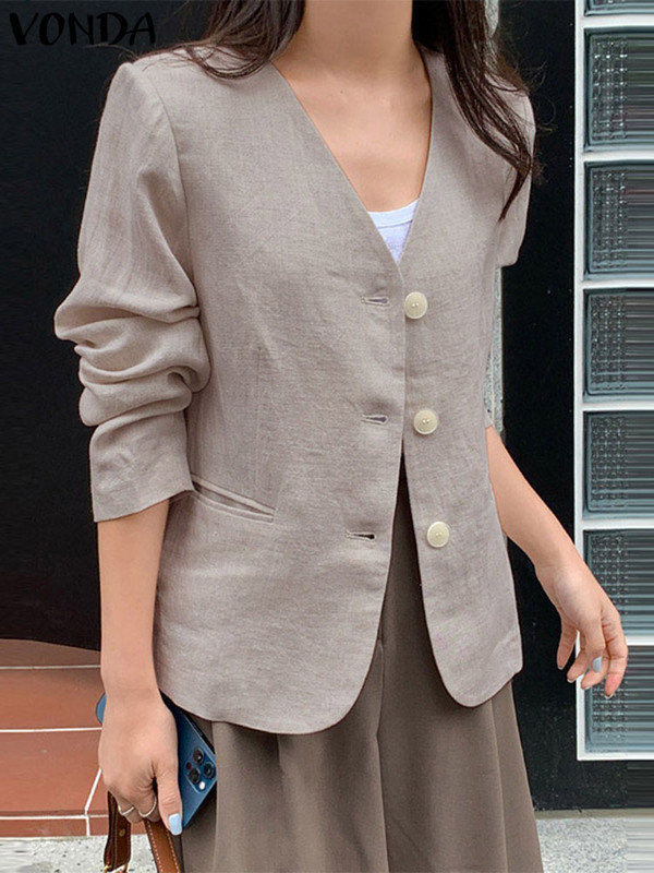 VONDA Modni ženski blejzer 2023 Ležerni blejzer dugih rukava Elegantni kaput Seksi gornja odjeća s V izrezom na gumbe Modni kaput prevelik