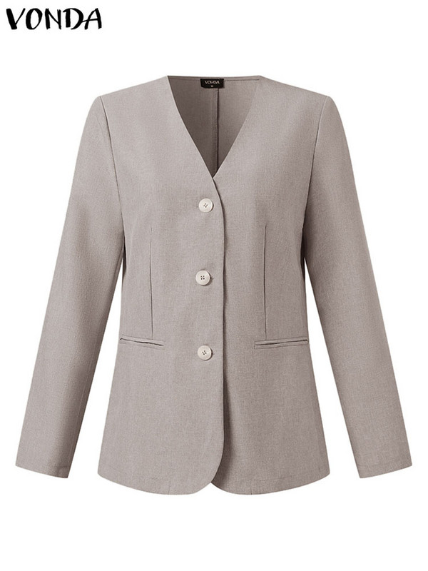 VONDA Modni ženski blejzer 2023 Ležerni blejzer dugih rukava Elegantni kaput Seksi gornja odjeća s V izrezom na gumbe Modni kaput prevelik