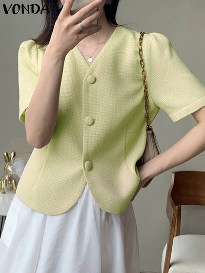 Καλοκαιρινό γυναικείο μπλέιζερ γραφείου 2023 VONDA Κομψά Παλτό Σέξι με κουμπιά V με λαιμόκοψη Casual μονόχρωμα κοντομάνικα πανωφόρια για πάρτι Femininas