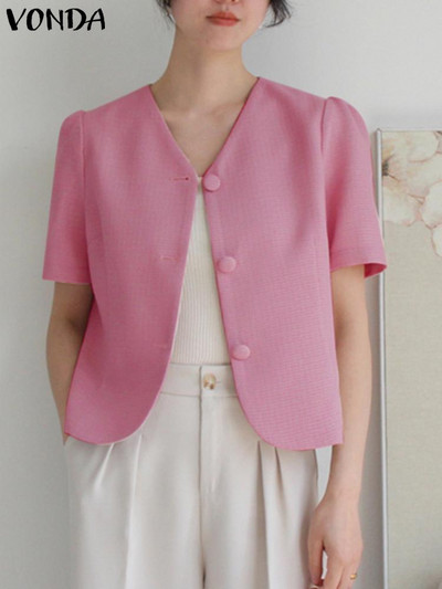 Καλοκαιρινό γυναικείο μπλέιζερ γραφείου 2023 VONDA Κομψά Παλτό Σέξι με κουμπιά V με λαιμόκοψη Casual μονόχρωμα κοντομάνικα πανωφόρια για πάρτι Femininas