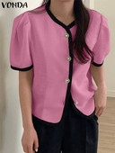 VONDA Γυναικεία κομψά μπλέιζερ παλτό 2023 Καλοκαίρι casual φαρδιά κοντομάνικα κουμπιά Office OL Blazer με στρογγυλή λαιμόκοψη