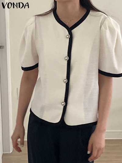 VONDA Γυναικεία κομψά μπλέιζερ παλτό 2023 Καλοκαίρι casual φαρδιά κοντομάνικα κουμπιά Office OL Blazer με στρογγυλή λαιμόκοψη