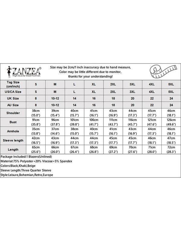 ZANZEA Jesenski elegantni sako Ženske jakne s 3/4 rukavima s preklopnim izrezom Ženska jednobojna OL radna odjeća Ležerni tanki kaputi Uredska odijela